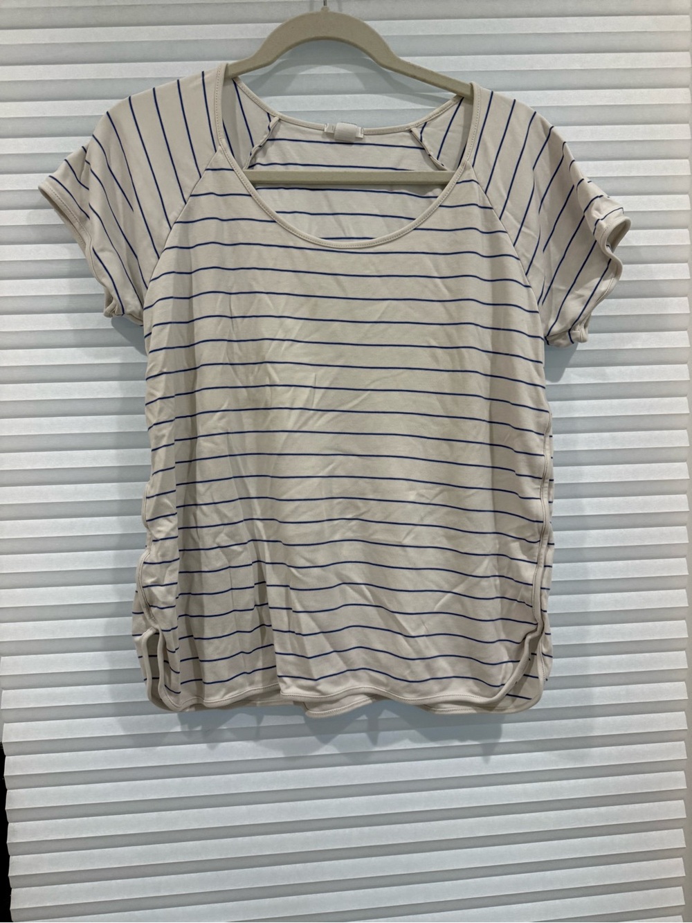 Cream and Blue Striped Short-Sleeve Maternity/Nursing Top